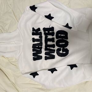 White Hoodie with Black Text and Stars